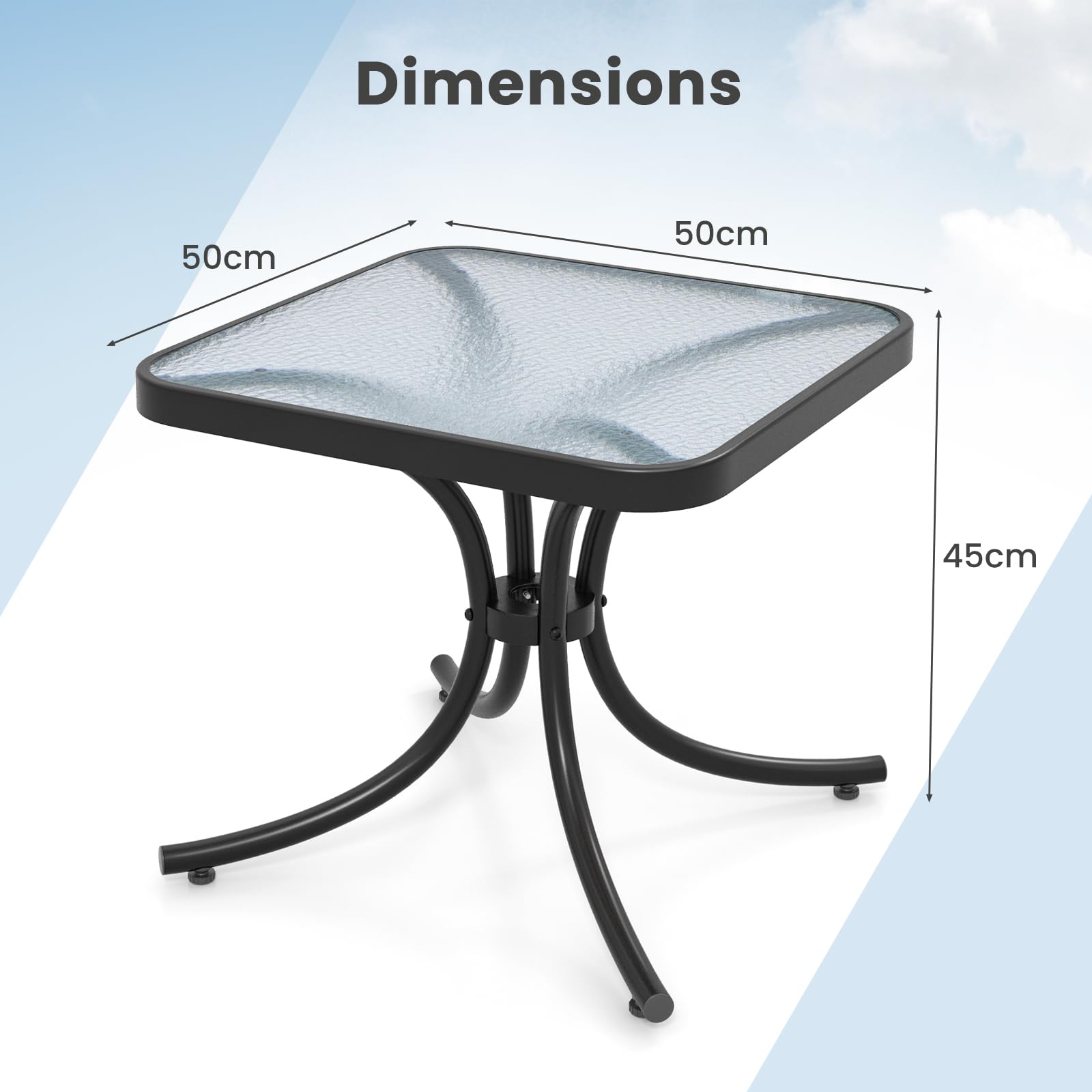 GIANTEX Table Basse Jardin 50 CM, Plateau en Verre Trempé Épaissi, Cadre en Métal Robuste, Charge 100 KG, Table Balcon Extérieur pour Jardin, Balcon, Terrasse, Noir
