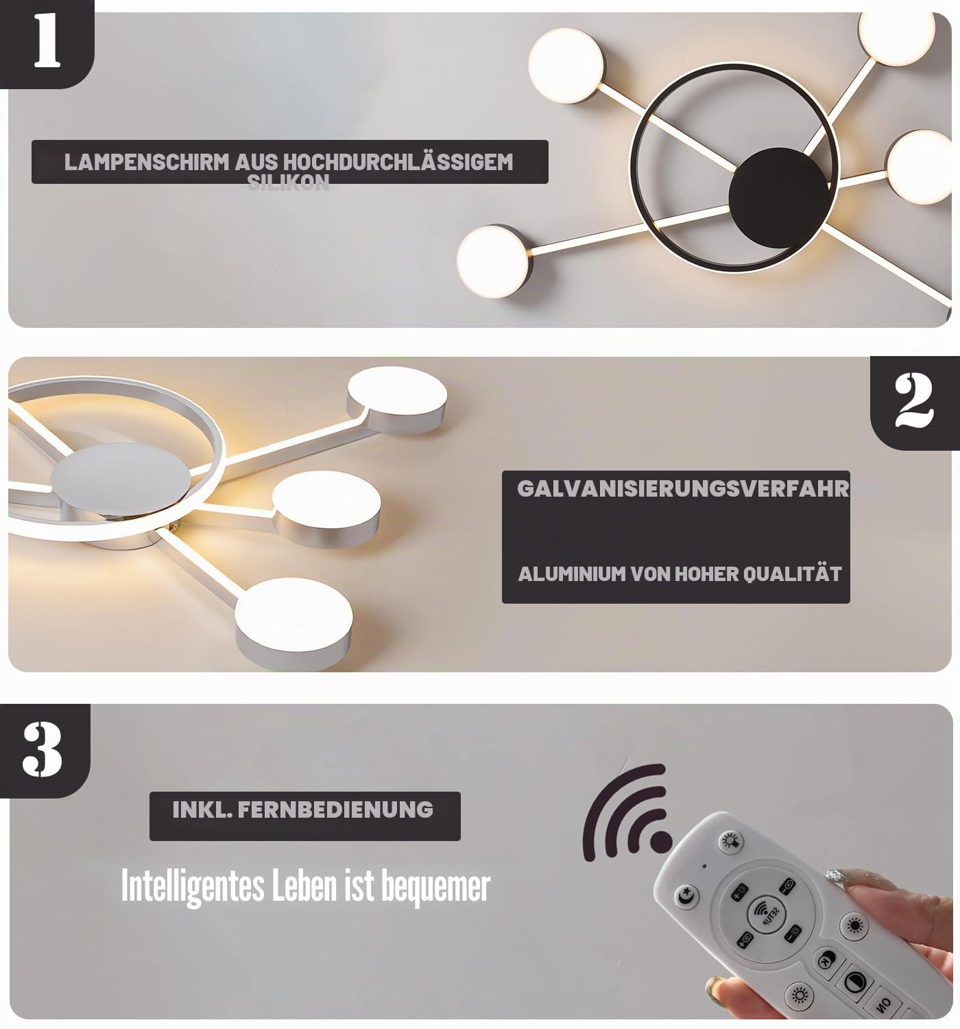 Moderne LED-Deckenleuchte Mode Runde Deckenleuchten Dimmbare Büro Deckenlampe Wohnzimmer Fernbedienung Deckenbeleuchtung für Schlafzimmer Arbeitszimmer Esszimmer (Schwarz L100 cm)