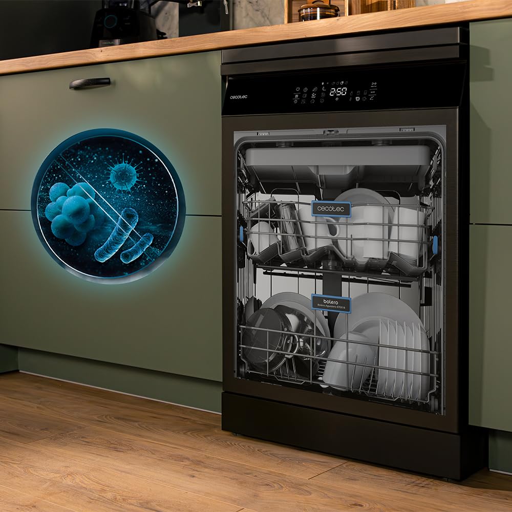 Cecotec Lavastoviglie 60 cm Bolero Aguazero 6800 Dark A, 14 posate, Basso consumo, Motore inverter plus duo, 8 programmi, Lavaggio automatico, Pulizia a vapore, Pulizia interna e mezzo carico