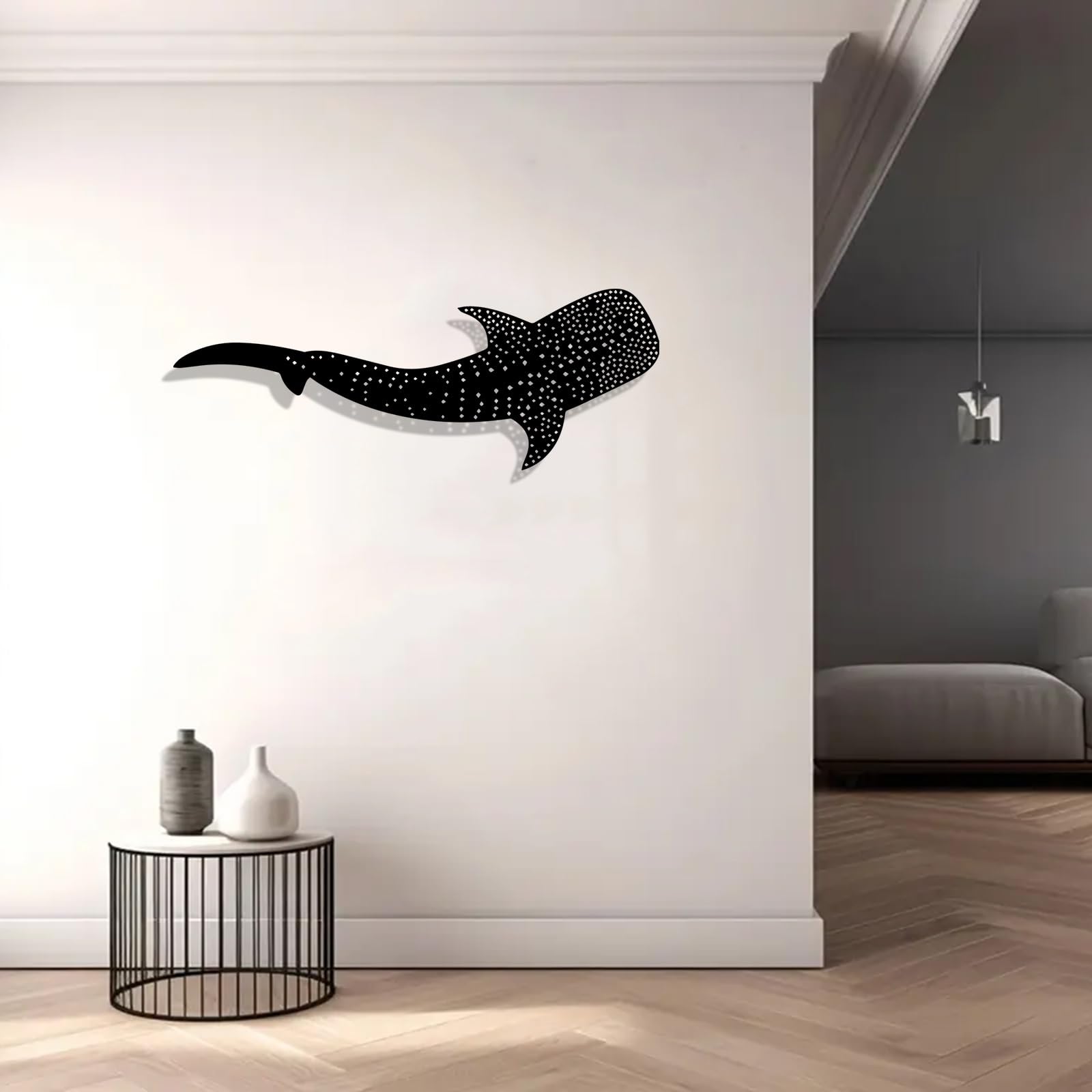 Decoración de pared abstracta contemporánea de metal con diseño de tiburón ballena, mural con estatua oceánica, para interiores y exteriores, ideal para sala de estar, patio y jardín. Arte durade