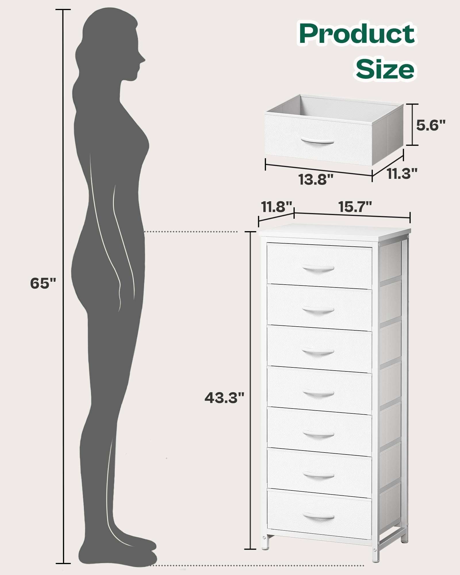 Huuger Tall Dresser for Bedroom, 7 Drawer Dresser & Chests of Drawers, Fabric for Closet, Bedroom, Night Stand, End Table with Metal Frame, Storage Tower with Fabric Bins, PU Leather, White