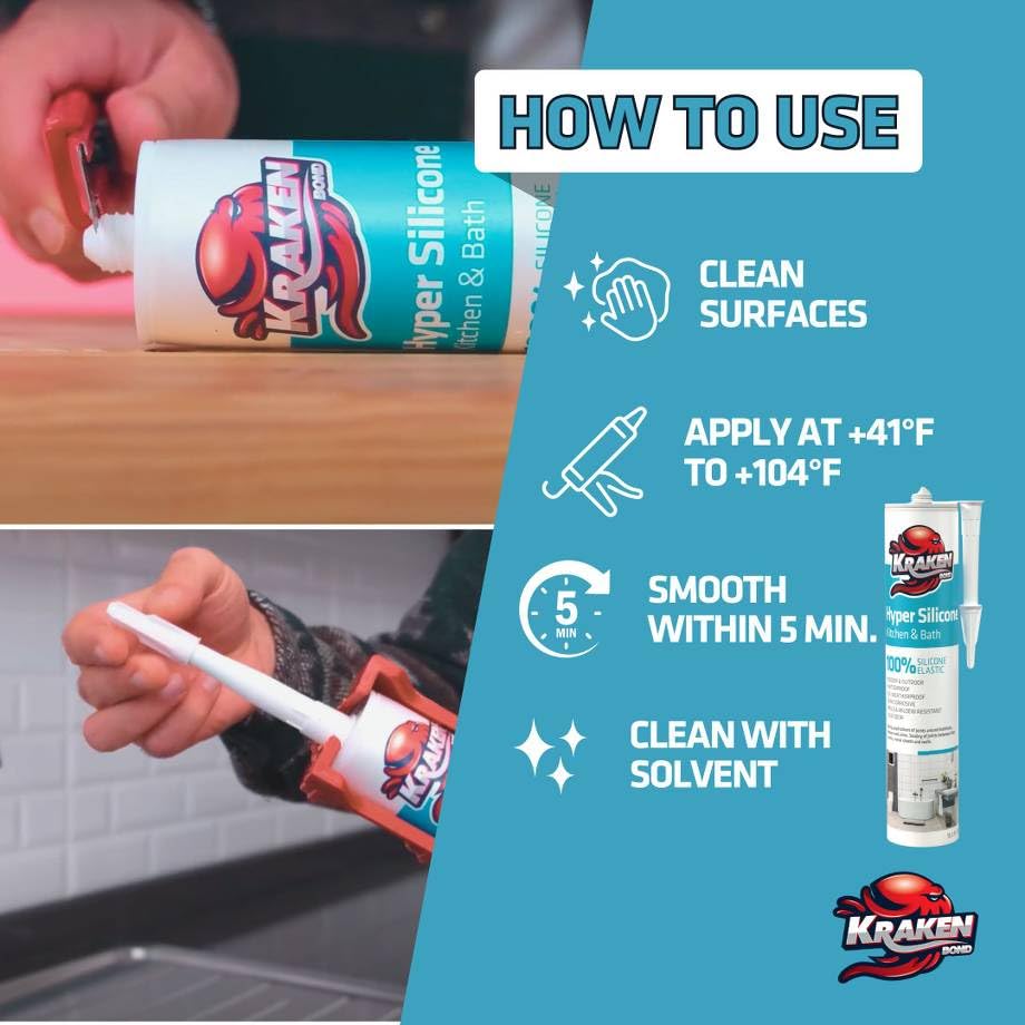 Miniatura 2 de Kraken Bond Sellador de silicona negro resistente al agua Cartucho de 100 a 10 onzas líquidas, RTV silicona para baño y cocina, todo uso, sellador