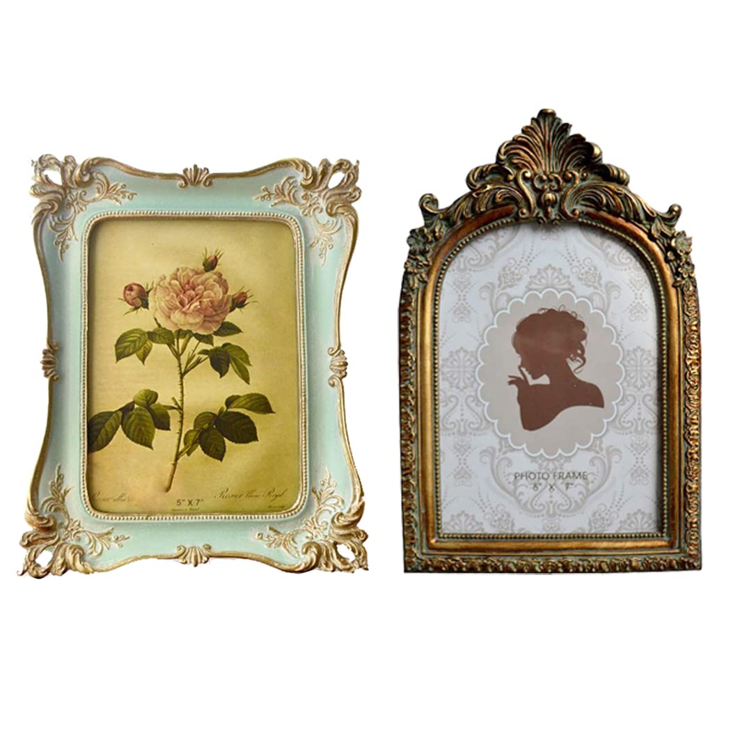 CISOOVintage 5x7 Blue Picture frame & 5x7 Antique Bronze Gold Photo Frame,Table Top Display and Wall Hanging, Ornate Photo Gallery Art