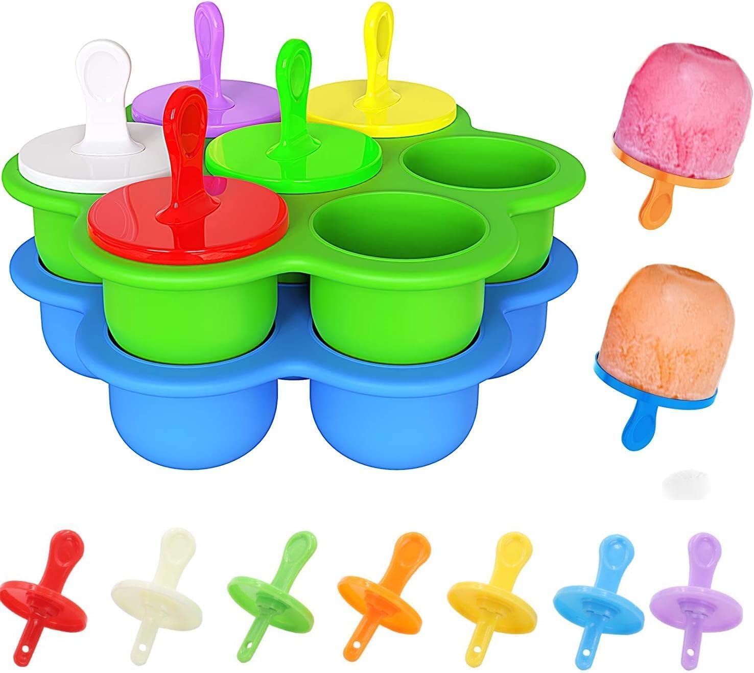 Lonimia Silicone Popsicle Mold 7-cavity DIY Ice Pop Mold with Colorful Plastic Sticks, Popsicle Makers for Egg Bites, Ice Cream Mould, Baby Food Storage Container, Non-Stick Ice Cube Trays(2 Pack)