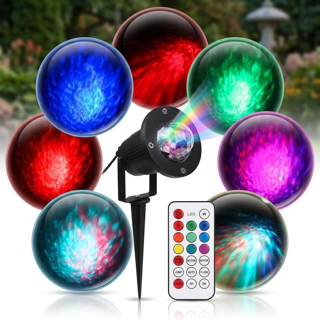 KOOT Water Wave LED Light Multi Colors Garden Light, Colorful Flowing Water Ripple Effects Waterproof Outdoor Projector for Holiday Garden Party Dance Show with Remote