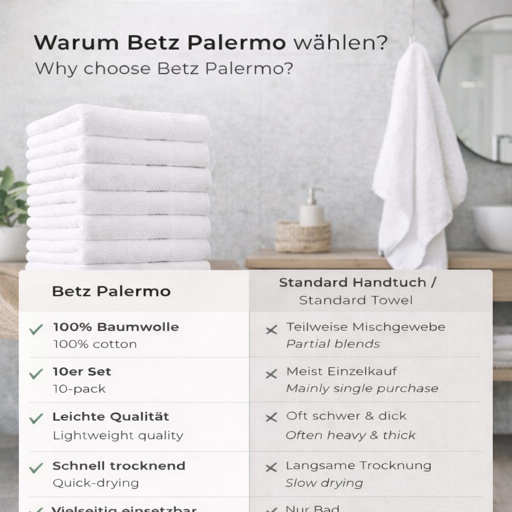 Betz Handtuch 10er Pack Handtücher Set Palermo Größe 50x100 cm 100% Baumwolle - gut trocknend, leichte Qualität - ideal für Sport, Strand, Reisen Farbe weiß