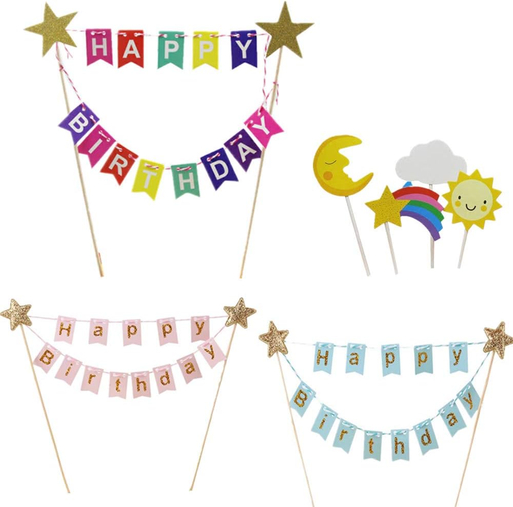 3 Pair Happy Birthday Cake Topper Cupcake Rainbow Flags Bunting Banner Party Cake Decoration for Kids Girls Boys Supplies