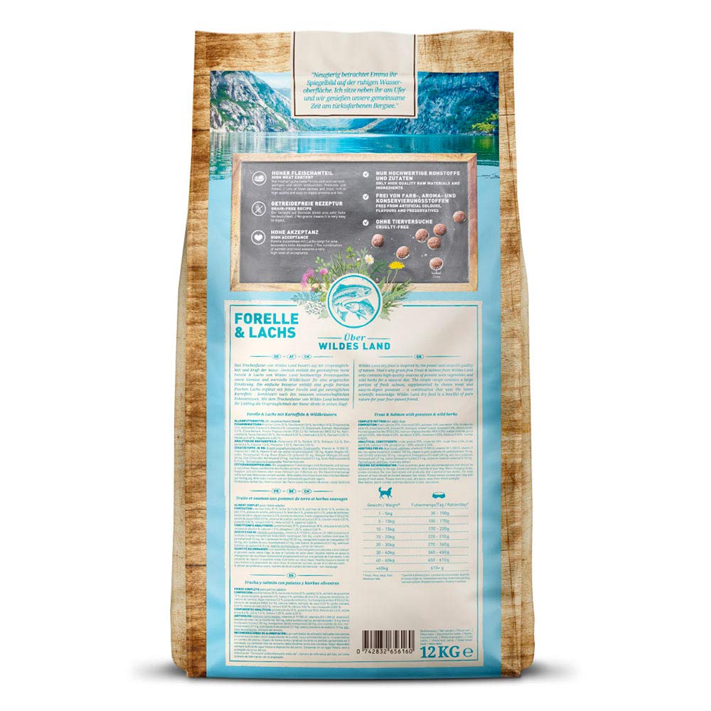 WILDES LAND – Lachs | Trockenfutter mit extra hohem Fleischanteil und natürlichen Zutaten für ausgewachsene Hunde. Alleinfutter ohne Zusatzstoffe im Beutel | 2X 12kg Lachs
