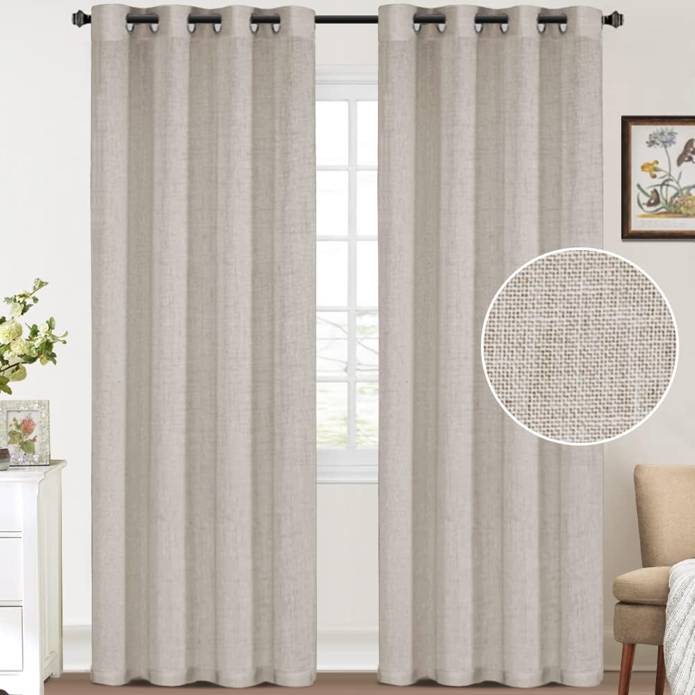Turquoize Natural Linen Curtains 84 Inch Long for Living Room Bedroom Energy Efficiency Lined Window Room Darkening Draperies, 2 Panels, 52x84 Inch, Angora