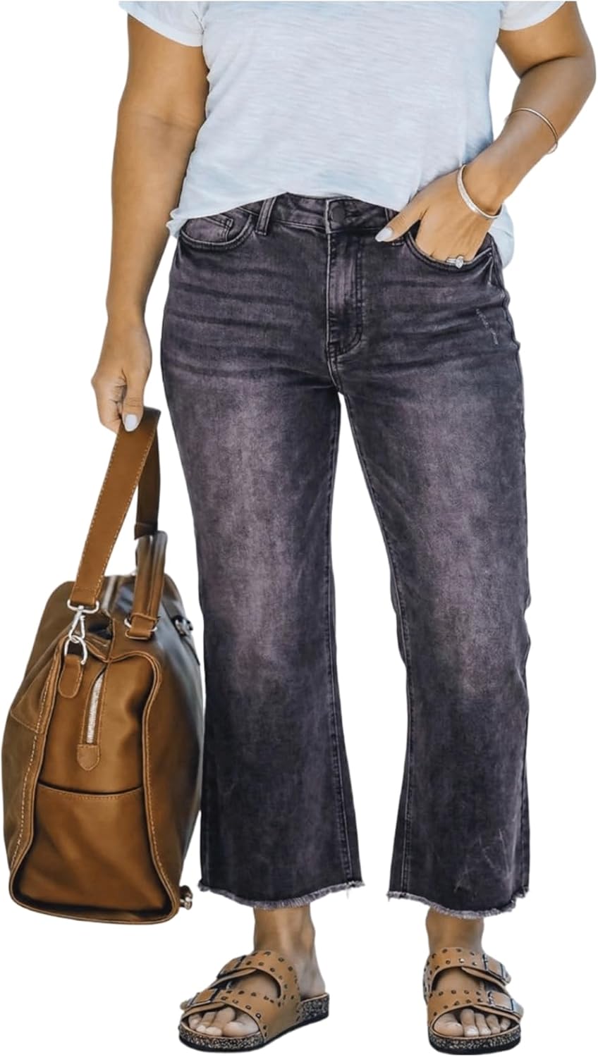 Plus Size Flare Jeans for Women High Waisted Tummy Control Stretchy Curvy Denim Pants Bootcut Trousers with Raw Hem