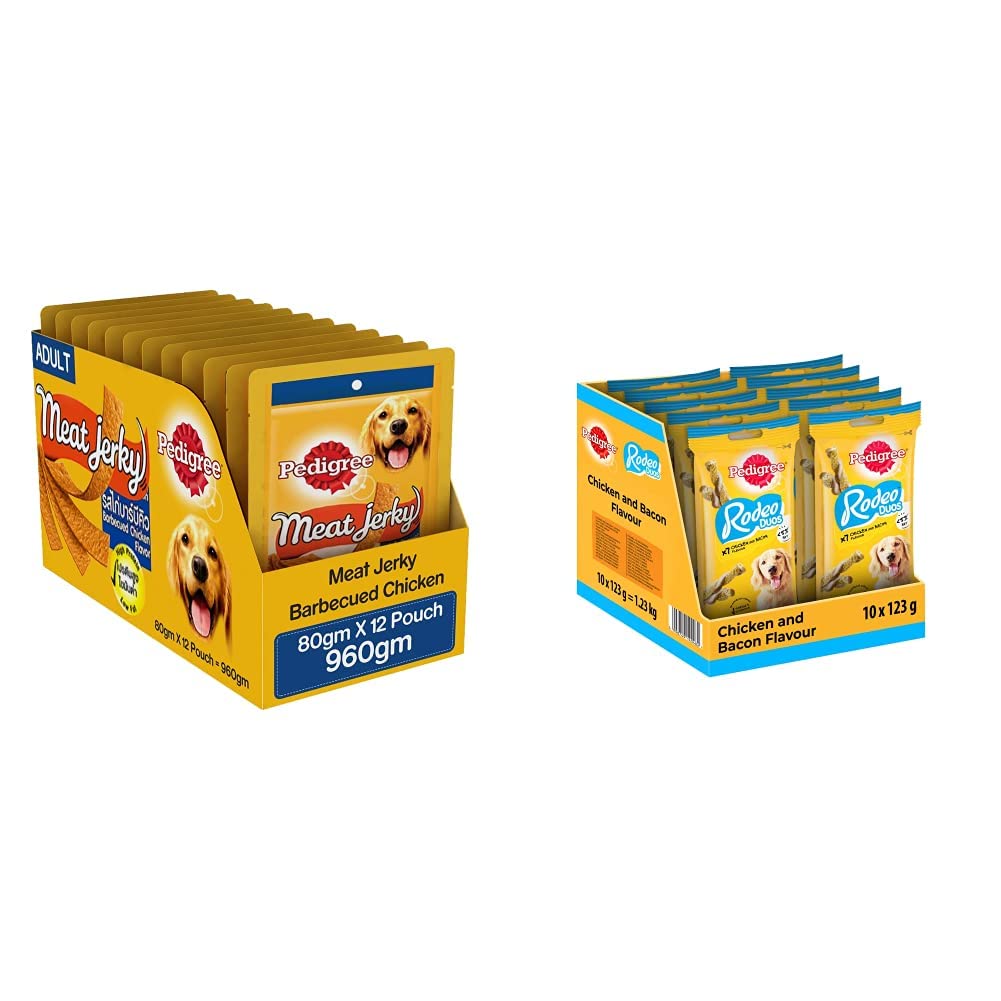 Pedigree Meat Jerky Treats for Adult Dogs, Barbecued Chicken Flavour, 12 Pouches (12 x 80g)&Pedigree Rodeo Duos Treat for Adult Dog, Chicken & Bacon Flavour, Pack of 10 (10 x 123g) (B0BP5H951F) Amazon Price History, Amazon Price Tracker
