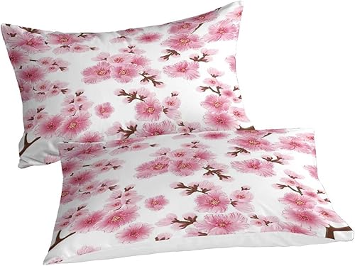 Miniatura 2 de Juego de funda de edredón rosa pálido, rama de Sakura con flores de cerezo tiernas primavera japonesa, juego de ropa de cama decorativo de 3 piezas