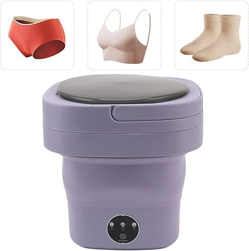 Miniatura 6 de Lavadora plegable, enchufe estadounidense de plástico, 100-240V, ahorro de espacio, portátil, plegable, para viajes, ropa interior (morado)