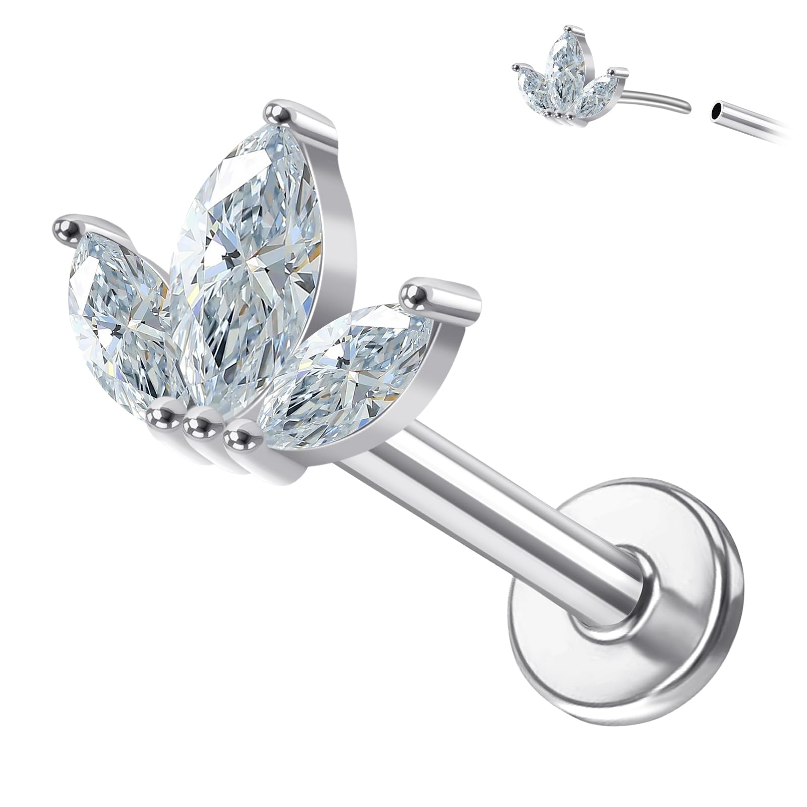 Designfy 14K Gold Threadless Cartilage Earring 1 Pcs Top Push in CZ Flat Back Nose Stud Lip Ring Threadless Earring Helix Stud Tragus Piercing Jewelry