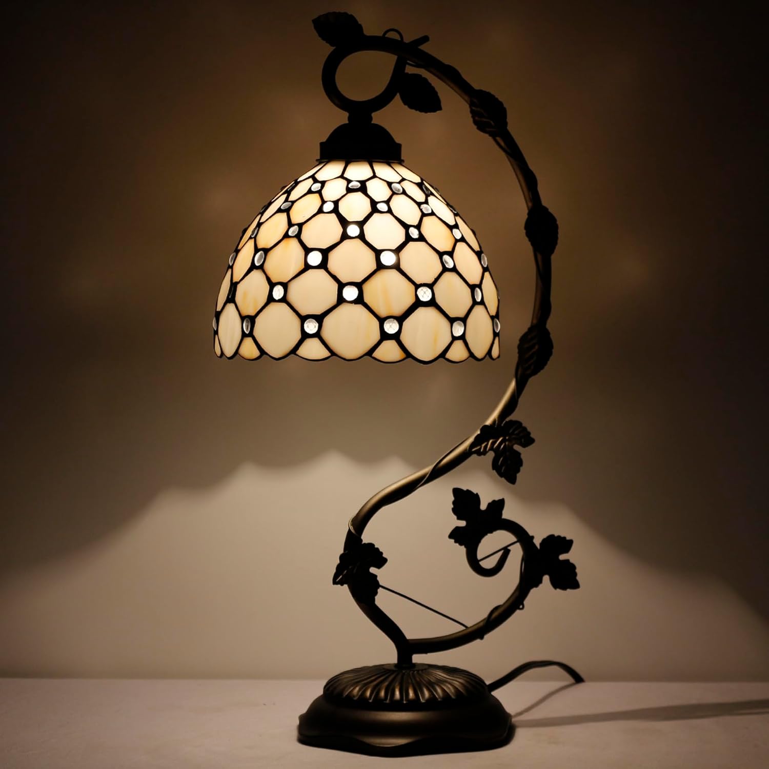 WERFACTORY Tiffany Table Lamp Cream Stained Glass Pearl Style Desk Light with Metal Leaf Base 8X10X21 Inches Decor Small Space Bedroom Home Office S005 Series
