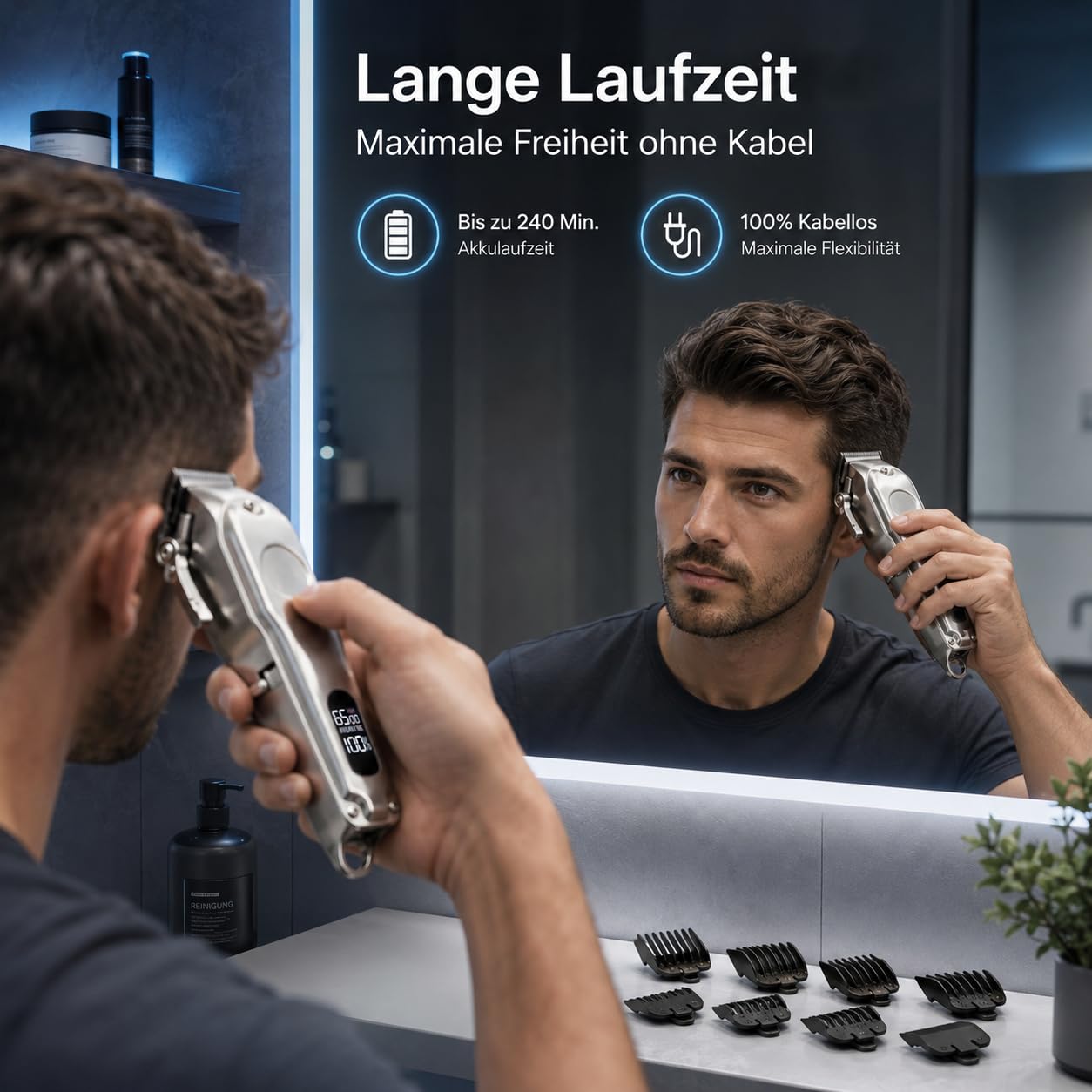 ProTrim 2.0 Haarschneider mit LCD und Edelstahlklingen für Haar und Bart | LCD-Farbdisplay, Edelstahlklingen, 8 Kämme von 3 bis 25 mm und bis zu 180 Minuten Laufzeit für flexible Pflege.