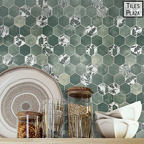 The Tiles Plaza Backsplash Tile For Kitchen Peel And Stick, Hexagon Stick On Tile, Cement Vintage Self-Adhesive Wall Tile, Grey And Green 10 Sheets #TOP4