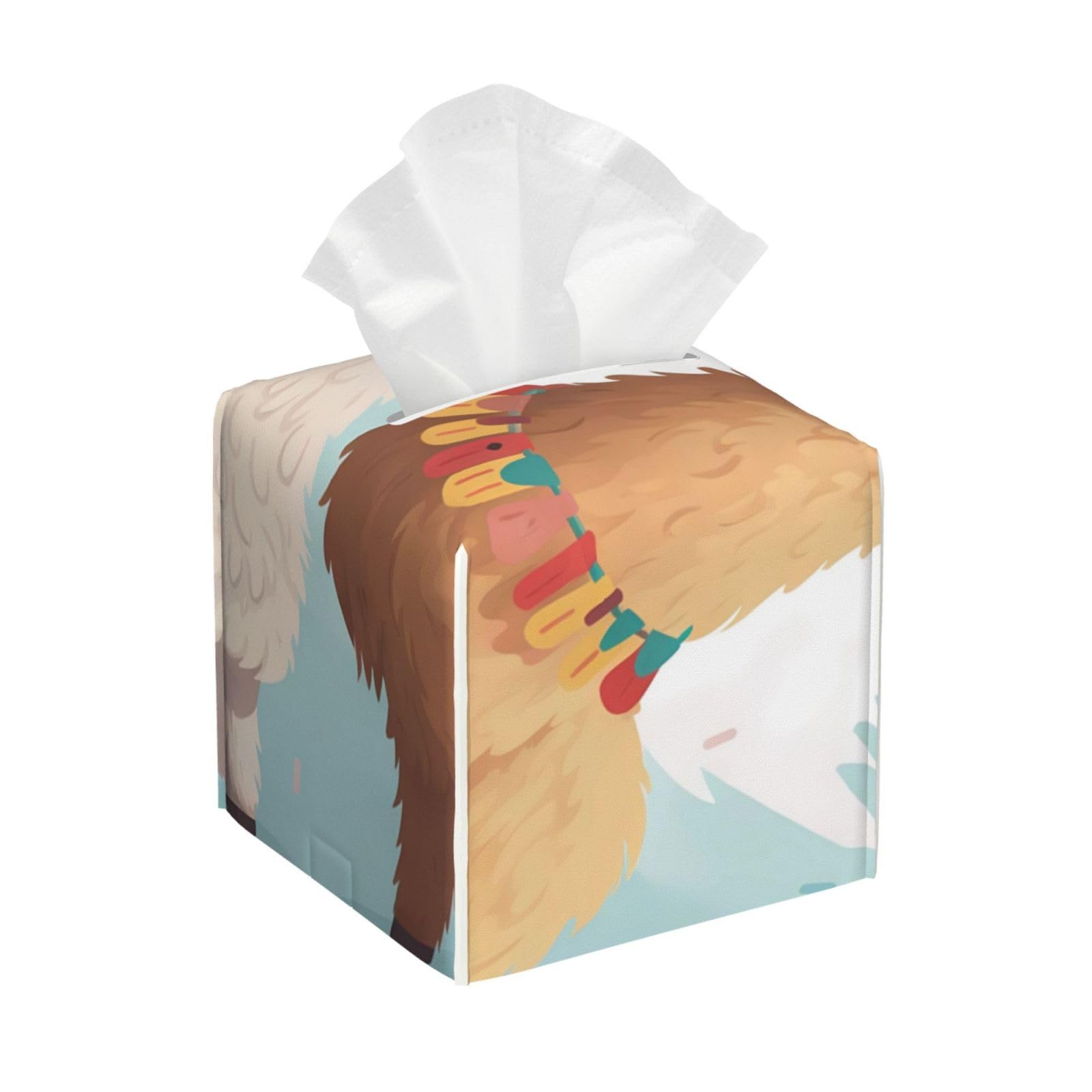 Llama Alpaca Leather Tissue Box Cover Holder Square Facial Paper Organizer 5.2" X 5.2" X 5.2"