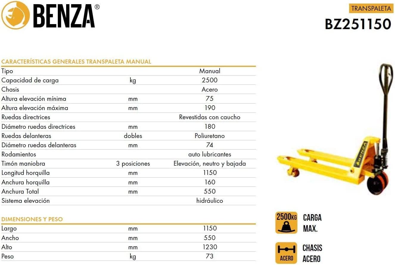 Benza Transpaleta BZ251150 Horquilla Larga, (Carga 2500 kilos, Horquillas Altura 75 – 190 mm, Estructura en Acero)