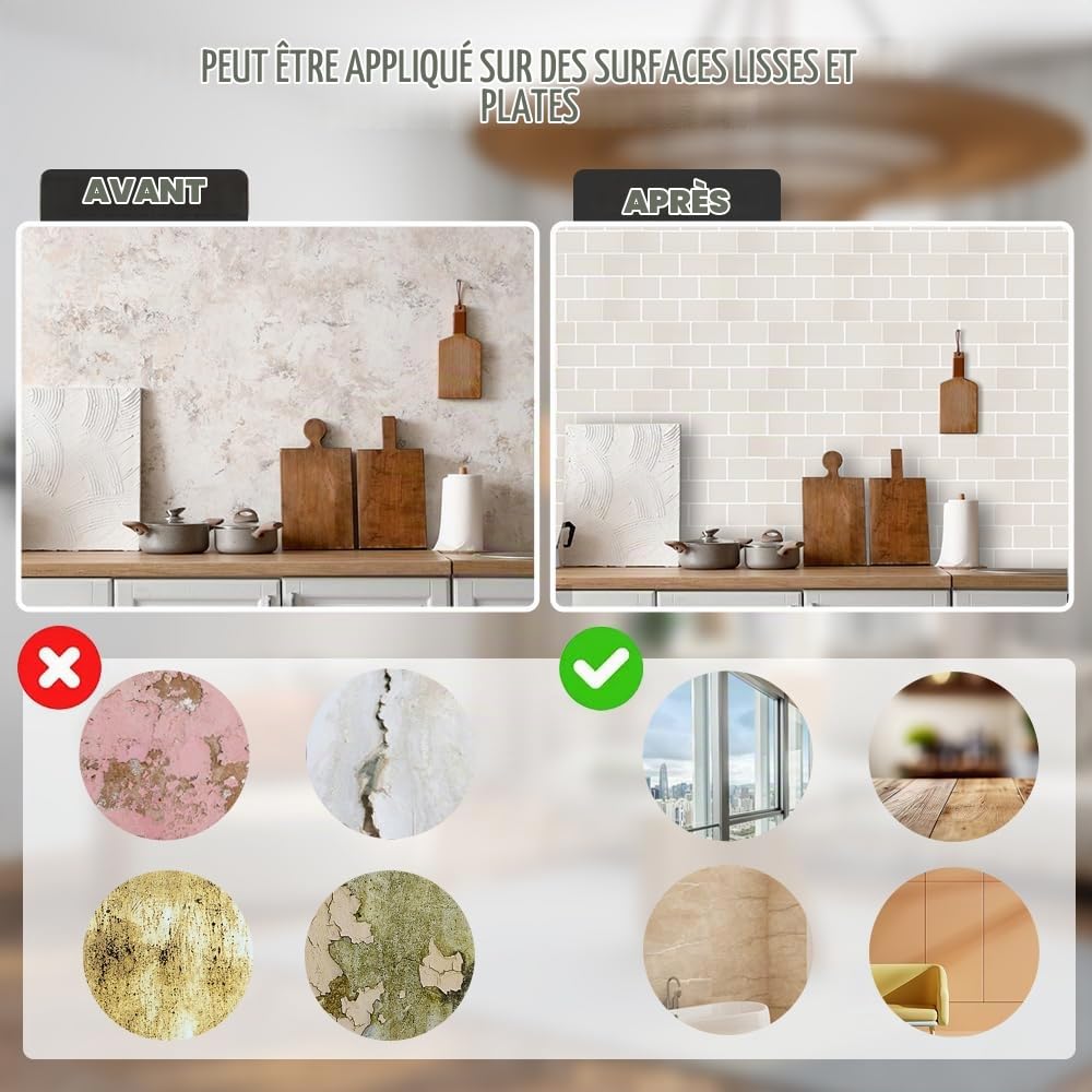 20 Pièces Carrelage Adhesif Mural Cuisine, Carreaux Adhesif Cuisine 30,5x 15,3cm Sticker Carrelage Beige pour Cuisine, Salle de Bain, le Mur, Auto-Adhésif