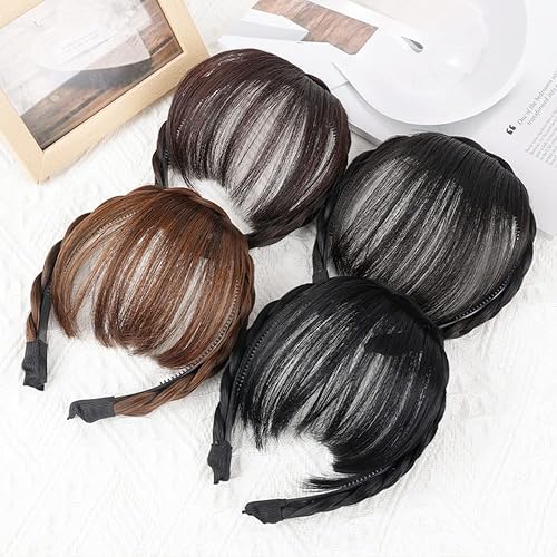 Miniatura 2 de Flequillo de banda de pelo falso, peluca resistente al calor, accesorios para el cabello con diadema trenzada de moda, extensión de cabello