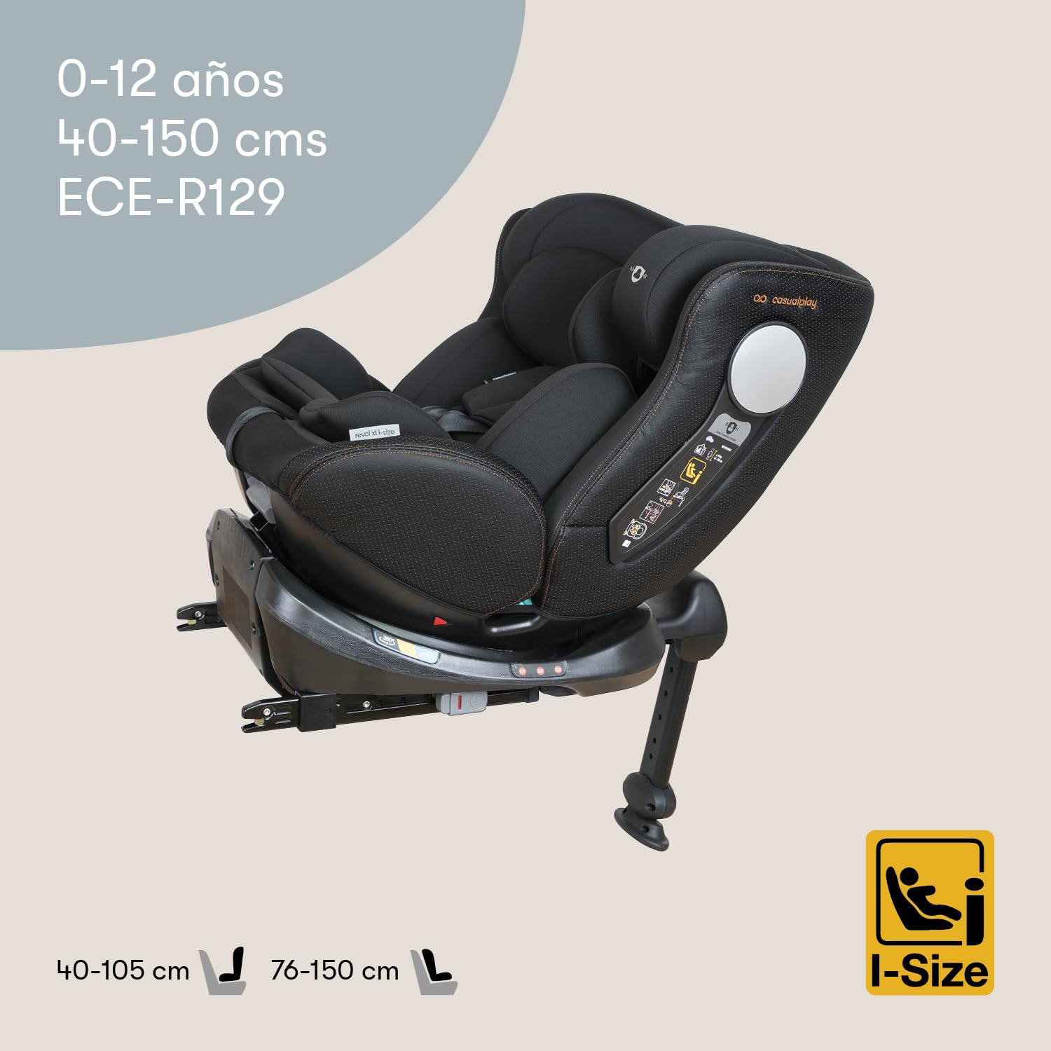 Casualplay Siège auto Revol XL Isize pivotant avec isofix et pied d'appui, groupe 0 1 2 3 de 0 à 12 ans ou de 40 à 150 cm de hauteur et dispositif de protection latérale SPS, noir