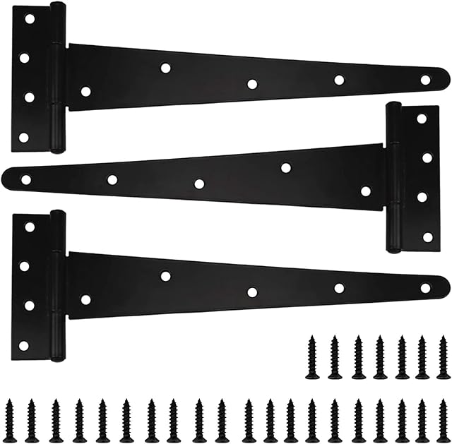 Heavy Duty T-Hinges 16 Inch (400mm) Tee Hinge for Wooden Door Gate, Black, 3 Pack, Matching Screws Included