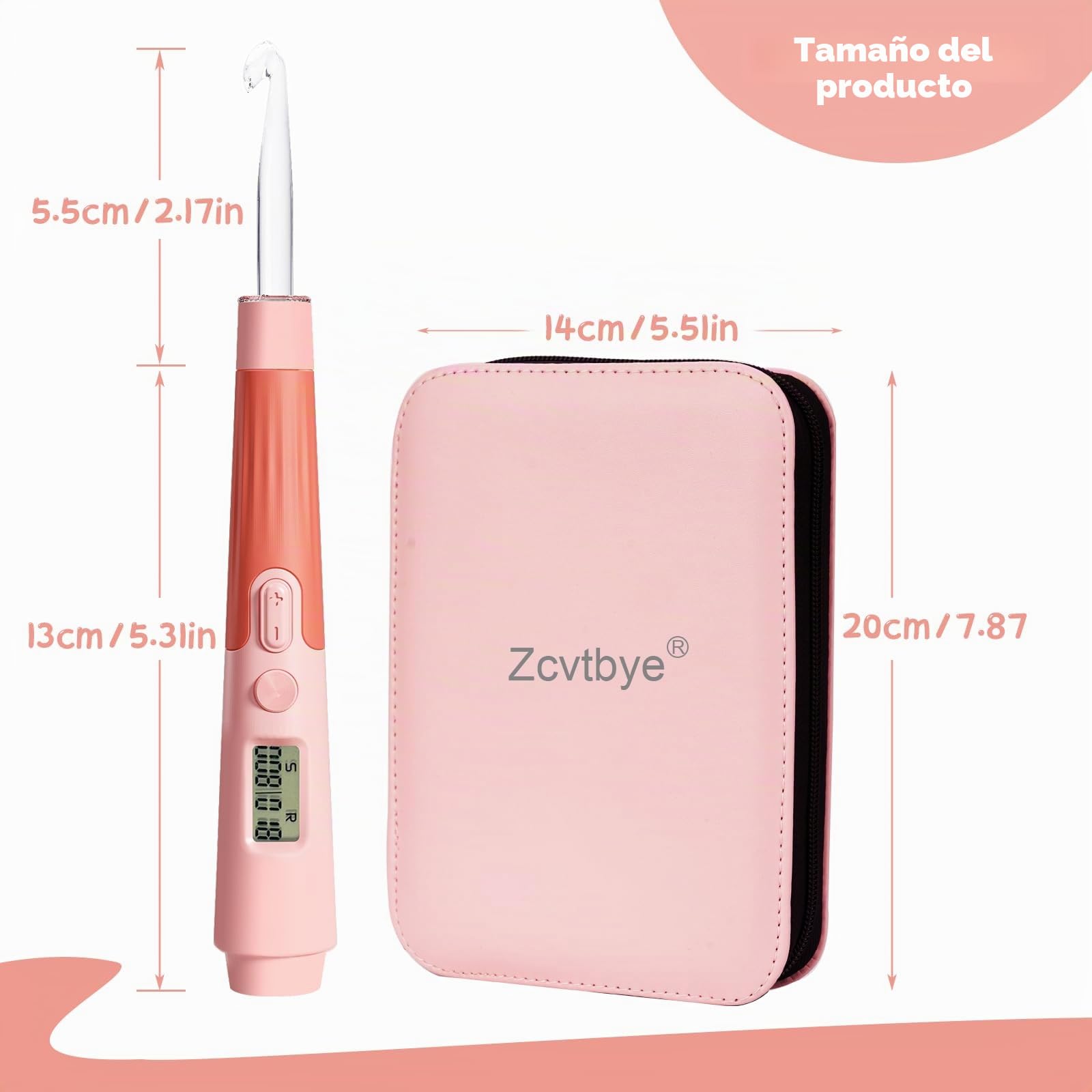 Transplant Juego de agujas de ganchillo 18 en 1 con luz LED con mostrador, llaves y bolsa de almacenamiento, tamaños de 2 a 14 mm, material rosa, plástico y metal, perfecto para principiantes y