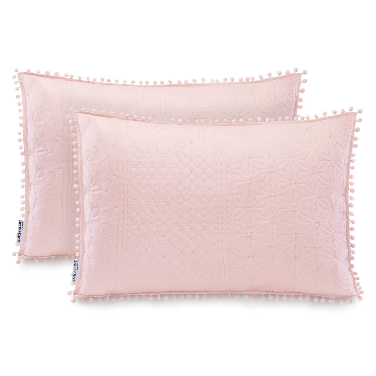 AmeliaHome 2 Kissenbezüge mit Pompons zweiseitig ultrasonic Steppung 50x70 cm Meadore Puderrosa