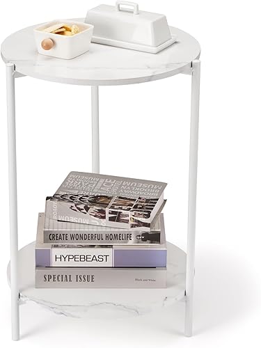 Miniatura 1 de Mesa auxiliar de mármol sintético, mesa auxiliar moderna de 2 niveles, bandeja extraíble, para mesa auxiliar, sala de estar, mesa auxiliar para
