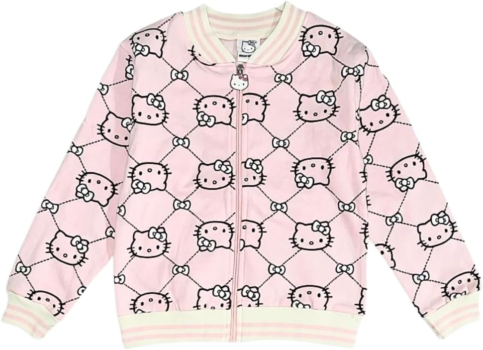 Hello Kitty Girls Fleece Bomber Jacket, Soft Zip-Up Sweater, Cozy Warm Outerwear for Kids