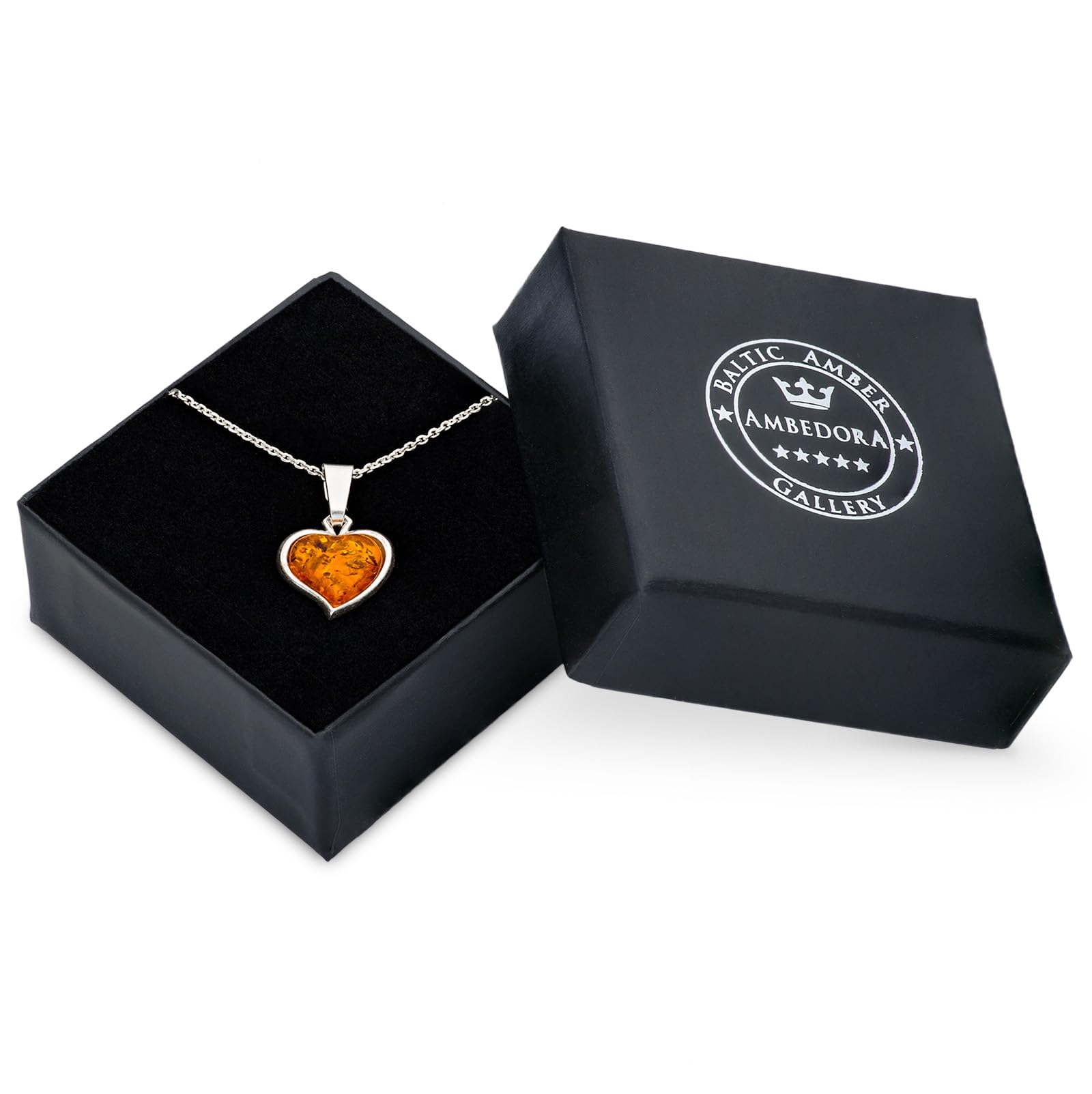 Damen Halskette mit Bernstein, Poliertes Sterling Silber, Baltischer Bernstein in Cognac Farbe, Silber Anhänger Bernstein Herz Größe S mit Kette