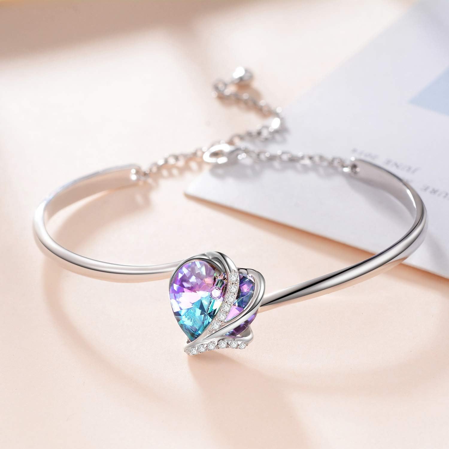 AOBOCO I Love You Jewelry - Sterling Silver Blue Purple Love Heart Bangle Bracelet Embellished with Crystals from Austria, Fine Anniversary Birthday Jewelry Gifts for Women - Image 2