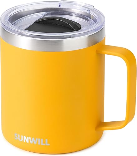 Vista 29 de SUNWILL Taza de café aislada con tapa, vaso de viaje con asa, taza de acero inoxidable de 14 onzas para campamento, oficina, hogar, recubrimiento