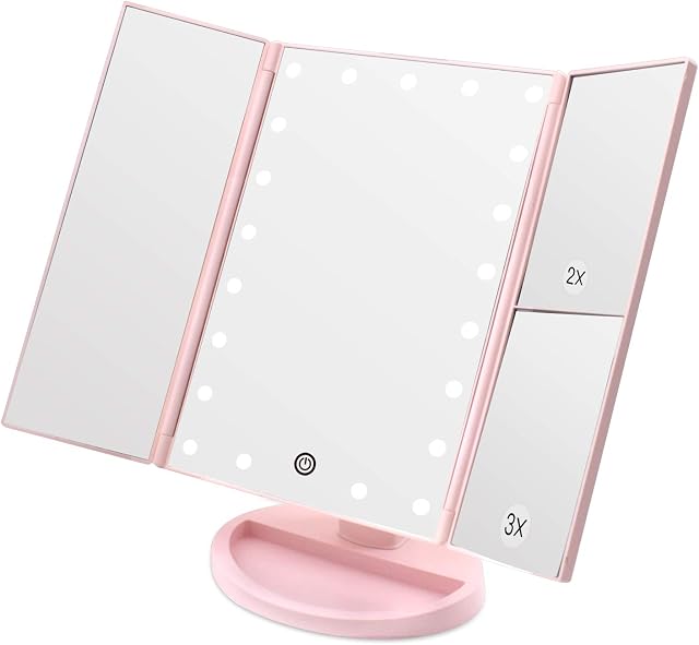 WEILY Lusterko do makijażu z powiększeniem 1x, 2x i 3x, z 21 diodami LED i ekranem dotykowym, regulowane podświetlane trzypanelowe lustro, nablatowe lusterko kosmetyczne (różowe)