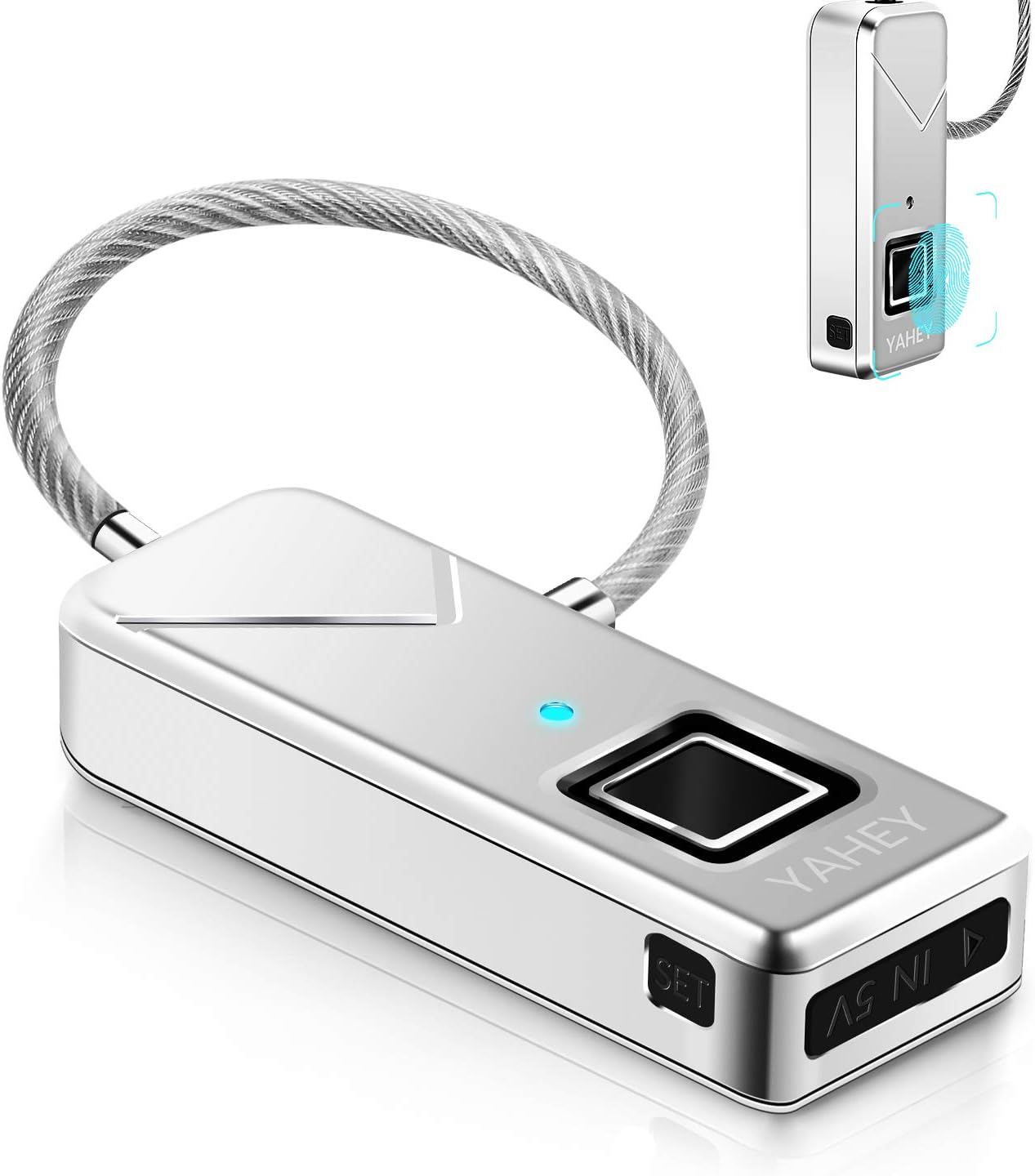 YAHEY Fingerprint Lock, The Upgrade Portable Smart Biometric Security No Password Waterproof and Anti-Theft Padlock for Golf Bag,Suitcase,Gym Locker,Cupboard,Drawer,Door and More (Silver)