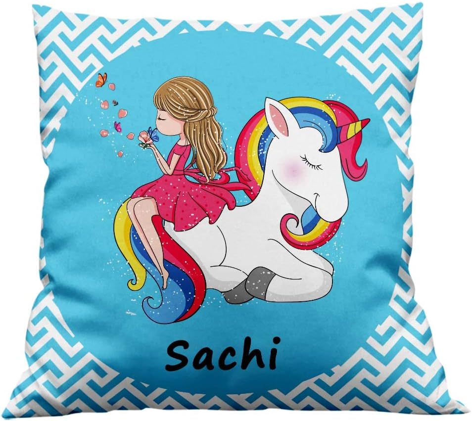 Furnishfantasy Unicorn Cushion Cover with Filler - Best Happy Birthday Gift for Daughter, Sister, Gift for Kids, Return Gift - Color - Blue, Size - 12 x 12 inches, Name - Sachi