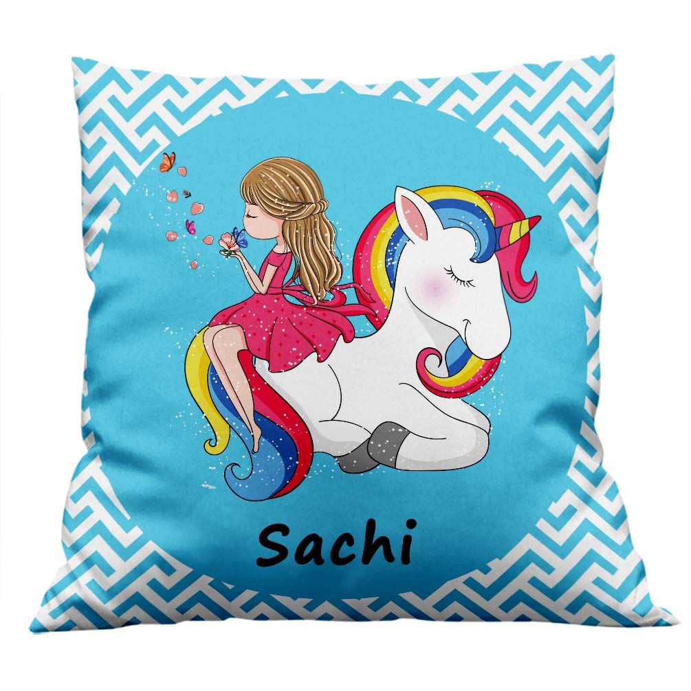 Furnishfantasy Unicorn Cushion Cover with Filler - Best Happy Birthday Gift for Daughter, Sister, Gift for Kids, Return Gift - Color - Blue, Size - 12 x 12 inches, Name - Sachi