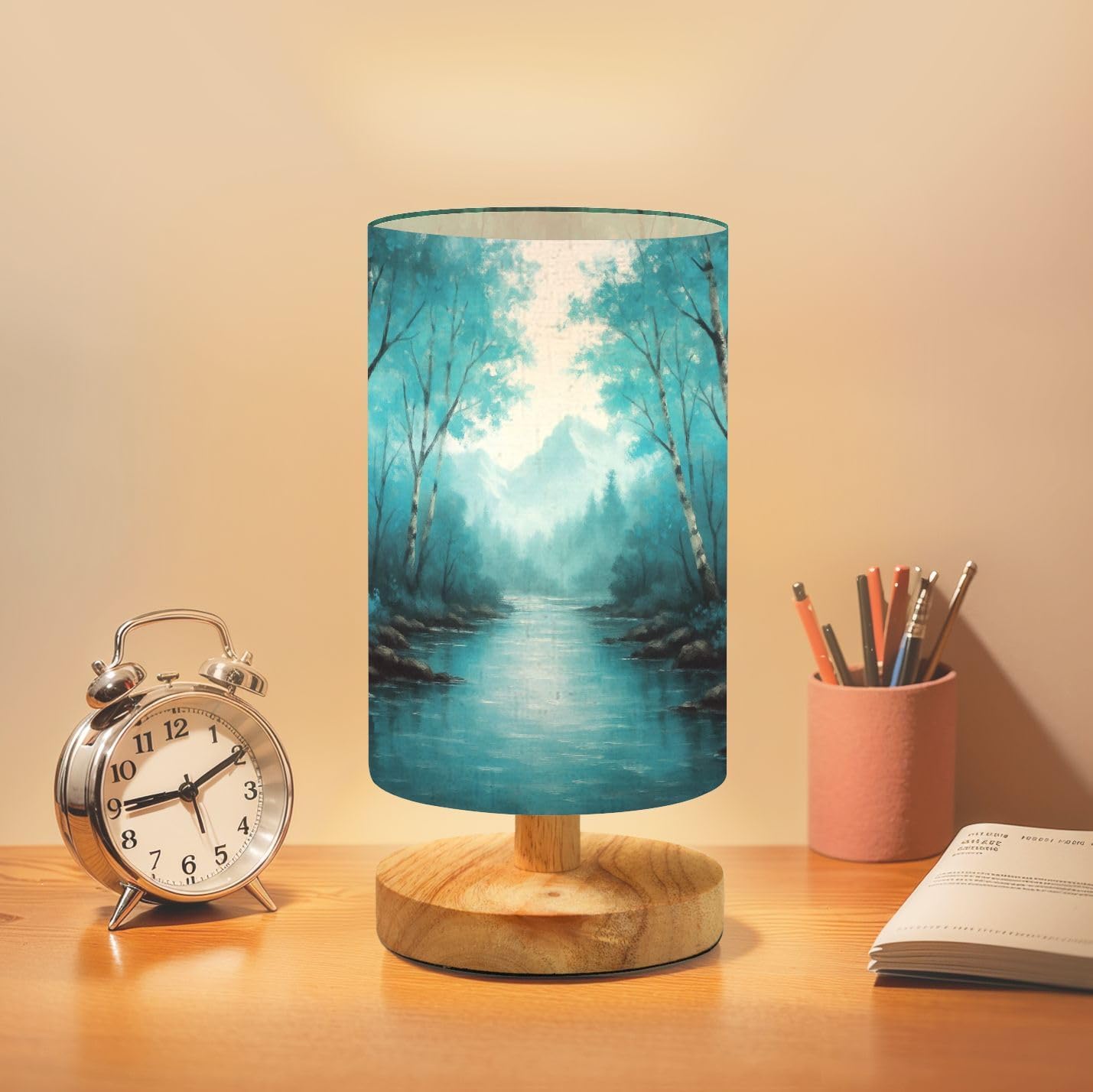 Bedside Table Lamp Birch Tree Blue Landscape Nature Forest Teal Mountain River Textured Dimmable Desk Lamp with Flaxen Fabric Shade Wood Base Nightstand Small Lamp for Bedroom Living Room Home