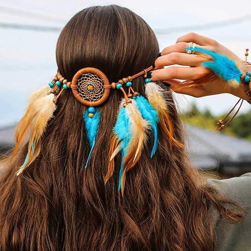 Uranian Diademas bohemias de plumas para atrapasueños, banda para el pelo hippie gitano, tocado de cuerda hecho a mano, tocado de cuerda con borlas,