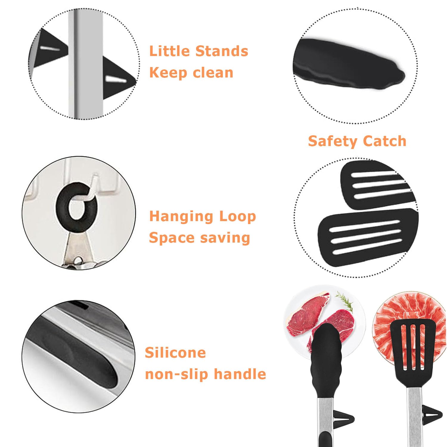 2 Pcs Kitchen Tongs Silicone with Resting Gadget, Stainless Steel Non-Slip Handle for Baking Frying, Steak, Serving, Buffet - Image 3
