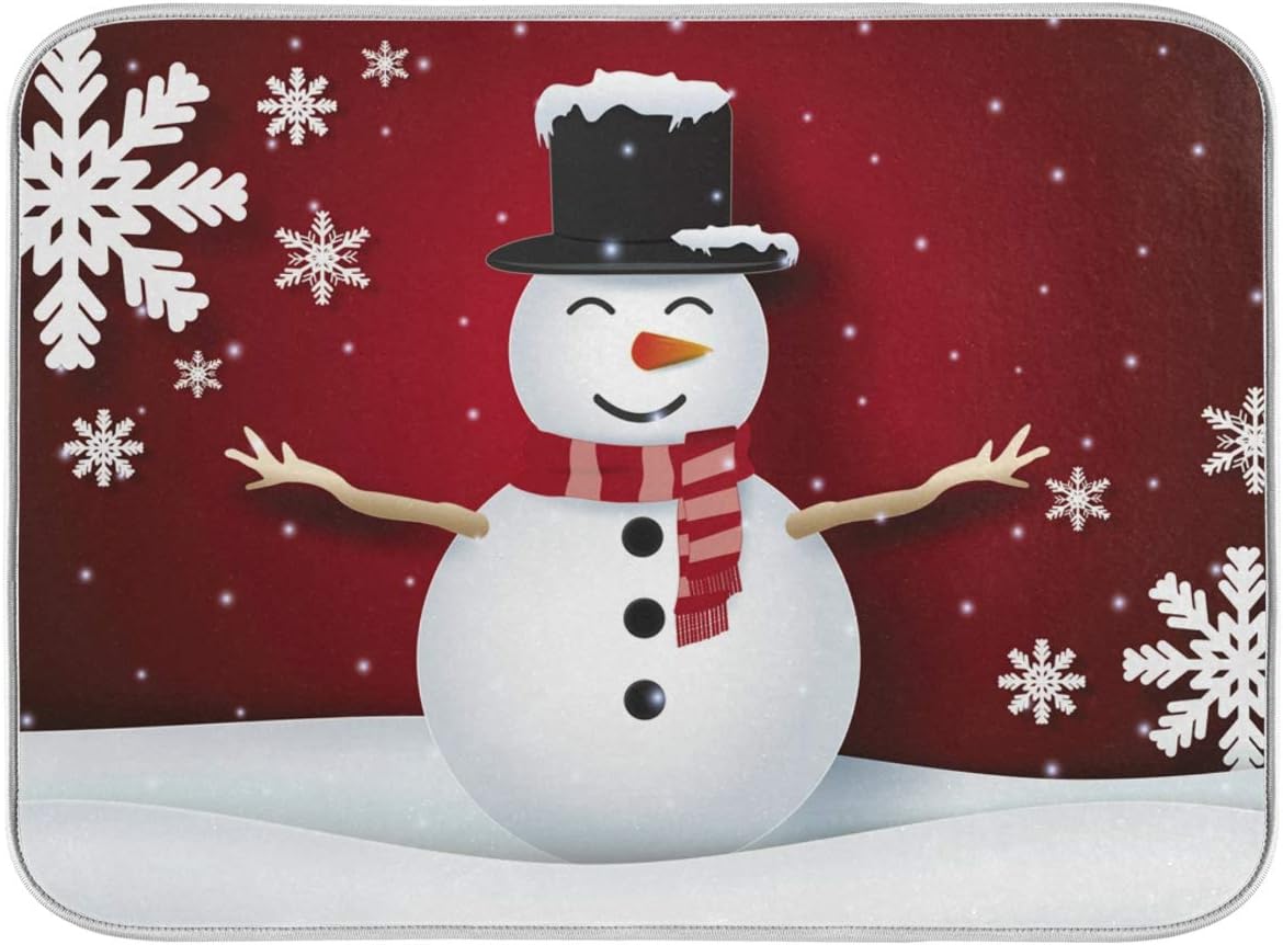Red Christmas Snowman Snowflake Dish Drying Mat Kitchen, Multifunctional Kitchen Heat Proof Mat, Heat Resistant Countertop Protection Easy Clean 18 x 24Inch