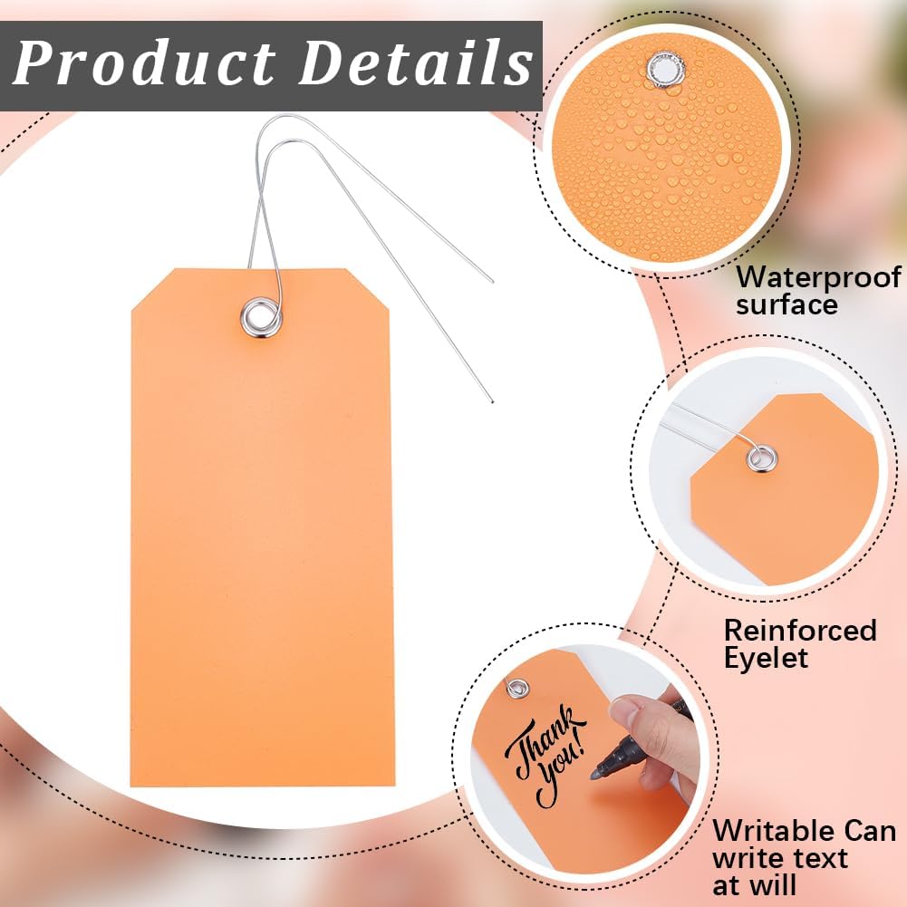 100Pcs 4.7 x 2.4 Inch Orange Plastic Tags Waterproof Shipping Tags Blank Rectangle Eyelet Hang Plastic PVC Identification Labels Kit with Iron Wire for Hanging Name Card Handbag Luggage Gift
