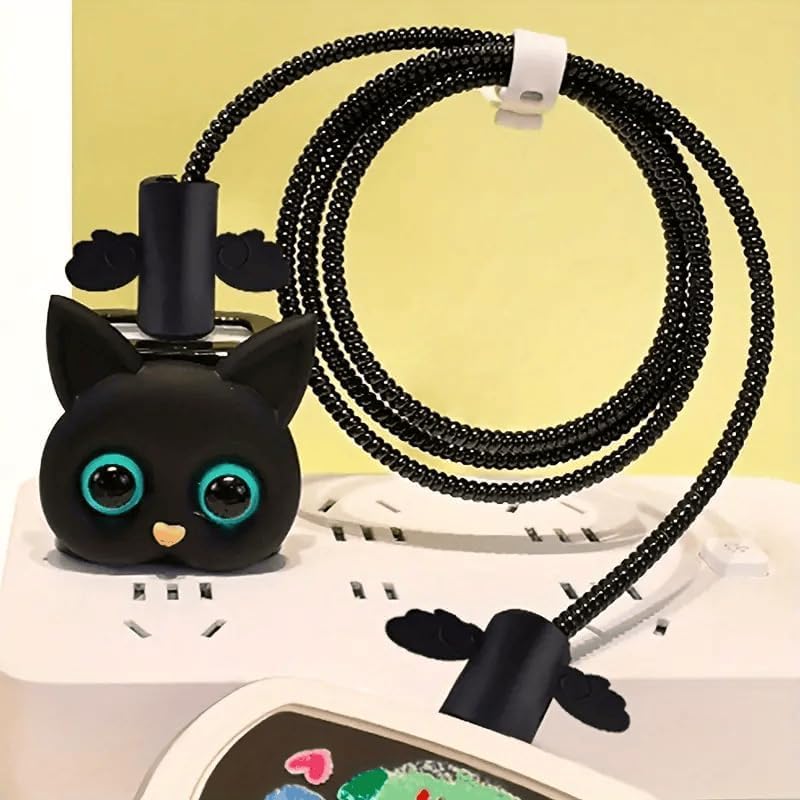 Image of INEFABLE Charger Case Cover Protector with 3D Cute Pattern for iPhone Charger only 18W & 20W, Data Charging Cable Wire Saver Protective Cable Cover Full Protection - Set Of 1 (Black Cat With Blue Eys)