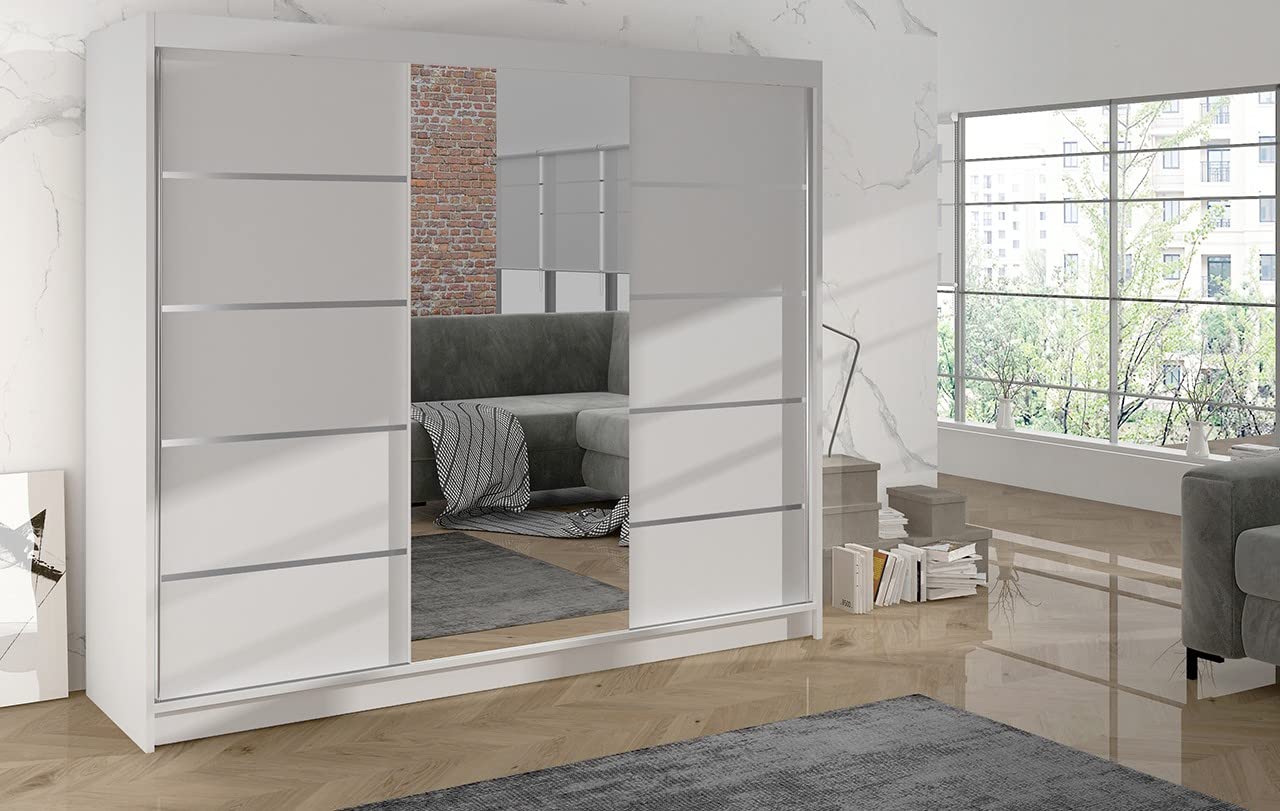ML Furniture Astra Szafa z drzwiami przesuwnymi, czarno-biała, 200 cm, lustrzana, szafa do sypialni, z drążkiem na ubrania, zestaw mebli do sypialni, 200 x 215 x 58 cm