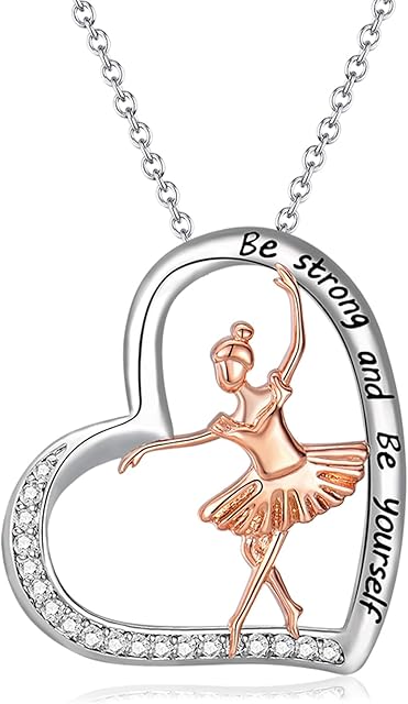 LYTOPTOP Silver Necklaces for Women Girls - S925 Sterling Silver Ballerina Heart Necklaces Dance Cubic Zirconia Pendant Jewellery Inspirational Gifts for Christmas Birthday