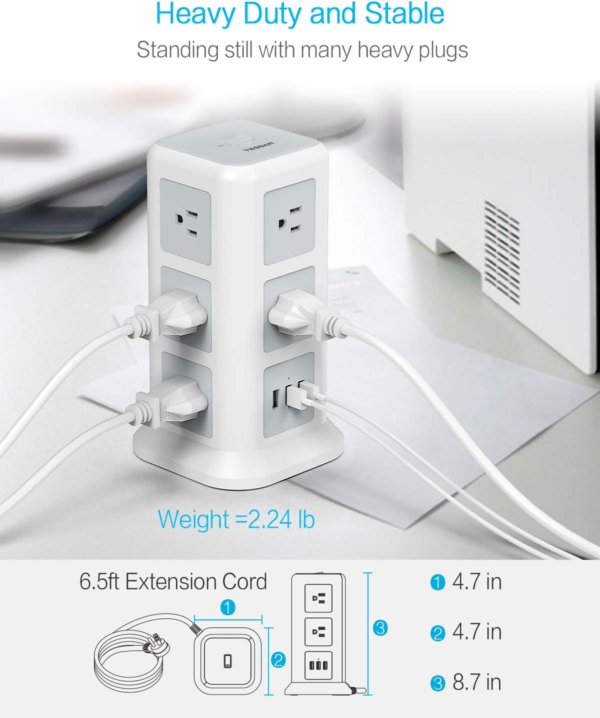 TESSAN Surge Protector Power Strip Tower, Flat Plug Desktop Charging Station with 11 Widely Spaced Outlets and 3 USB Ports, 15A, 6.5ft Extension Cord for Home, Office