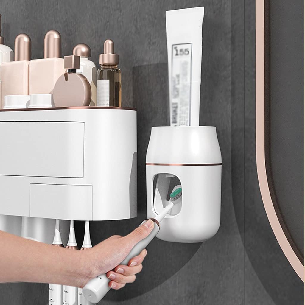 Soporte de Pared para cepillos de Dientes, Organizador de baño sin Perforaciones, con dispensador de Pasta de Dientes y Vaso para Enjuague bucal (A)