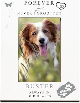Pet Loss Memorial Photo Frame, White, 6 x 4 Inch, Personalised with Stand, Portrait or Landscape Display, Forever Loved Never Forgotten