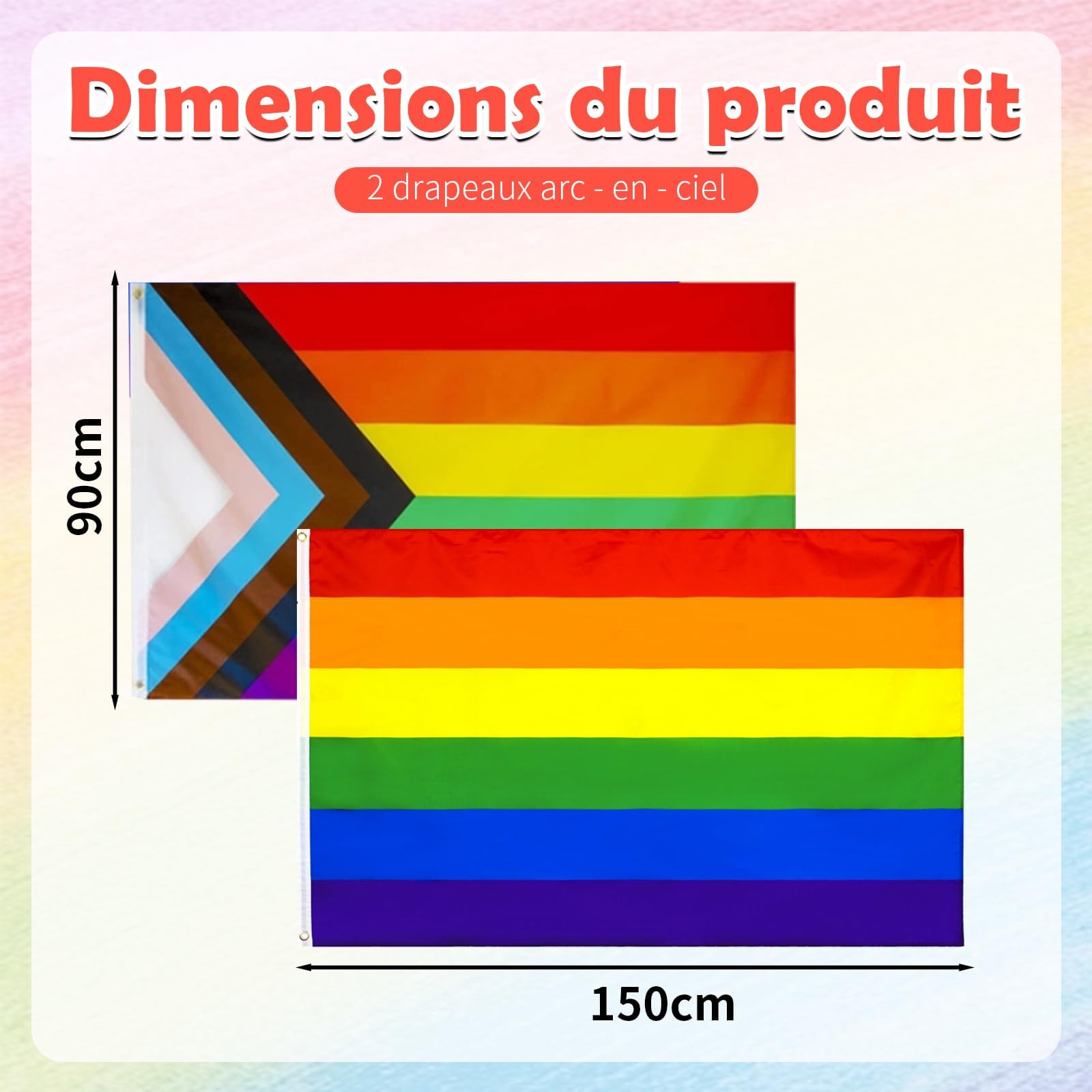 Drapeau LGBT Pride 90x150cm Lot de 2 Arc-en-Ciel Polyester Résistant Imperméable UV Intérieur Extérieur